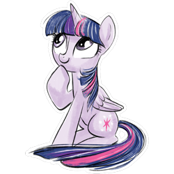 Size: 1000x1000 | Tagged: artist needed, safe, imported from twibooru, twilight sparkle, alicorn, app, female, horn, image, official, official art, png, quidd, simple background, sitting, solo, sticker, thinking, transparent background, watercolor love, wings