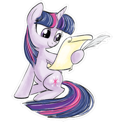 Size: 1000x1000 | Tagged: artist needed, safe, imported from twibooru, twilight sparkle, alicorn, app, feather, female, horn, image, official, official art, parchment, png, quidd, reading, simple background, solo, sticker, transparent background, watercolor love, wings