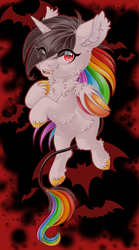 Size: 1825x3286 | Tagged: safe, artist:schokocream, imported from derpibooru, oc, oc only, oc:lightning bliss, alicorn, bat pony, bat pony alicorn, pony, alicorn oc, bat ponified, bat pony oc, bat wings, chest fluff, ear fluff, female, horn, mare, race swap, wings