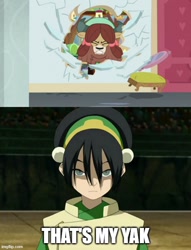 Size: 500x656 | Tagged: safe, edit, edited screencap, imported from derpibooru, screencap, yona, human, yak, school daze, avatar the last airbender, comic, female, meme, screencap comic, that's my x, toph bei fong