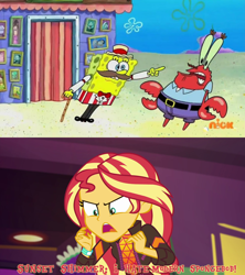 Size: 1920x2160 | Tagged: safe, edit, edited screencap, imported from derpibooru, screencap, sunset shimmer, equestria girls, equestria girls series, sunset's backstage pass!, spoiler:eqg series (season 2), modern spongebob, mouthpiece, mr. krabs, music festival outfit, spongebob squarepants, spongebob squarepants (character)