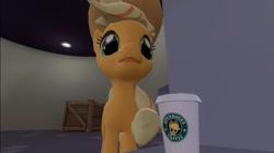 Size: 1024x575 | Tagged: safe, artist:undeadponysoldier, imported from ponybooru, applejack, earth pony, pony, 3d, box, coffee, coffee cup, crate, cup, female, gmod, mare, parody, pun, solo, starbucks