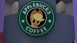 Size: 1024x575 | Tagged: safe, artist:undeadponysoldier, imported from ponybooru, applejack, earth pony, pony, 3d, female, gmod, logo, mare, parody, pun, solo, starbucks