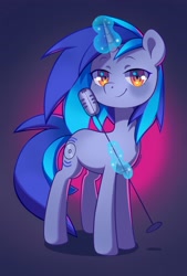 Size: 2500x3700 | Tagged: safe, artist:cherrnichka, imported from derpibooru, oc, oc only, oc:homage, pony, unicorn, fallout equestria, female, high res, looking at you, magic, mare, microphone, microphone stand, smiling, smiling at you, smug, solo