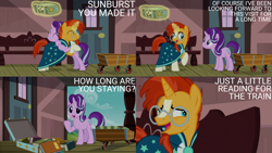 Size: 4400x2475 | Tagged: safe, edit, edited screencap, editor:quoterific, imported from derpibooru, screencap, starlight glimmer, sunburst, pony, unicorn, season 7, uncommon bond, ^^, book, cloak, clothes, cute, eyes closed, female, glasses, glimmerbetes, hug, magic, male, mare, open mouth, open smile, smiling, stallion, sunbetes, sunburst's cloak, sunburst's glasses, telekinesis, train station