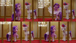 Size: 4400x2475 | Tagged: safe, edit, edited screencap, editor:quoterific, imported from derpibooru, screencap, pipp petals, zipp storm, pegasus, pony, spoiler:my little pony: a new generation, blatant lies, female, g5, looking at you, mare, my little pony: a new generation, open mouth, open smile, raised hoof, raised leg, siblings, sisters, smiling, spread wings, wings, zipp storm is not amused