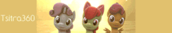Size: 410x80 | Tagged: safe, artist:php106, edit, imported from derpibooru, apple bloom, scootaloo, sweetie belle, earth pony, pegasus, pony, unicorn, 3d, animated, banner, blinking, cutie mark crusaders, female, gif, looking at you, nodding, panel banner, trio