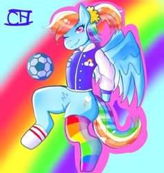 Size: 3900x4100 | Tagged: safe, artist:cheesebunart, imported from derpibooru, rainbow dash, anthro, pegasus, unguligrade anthro, abstract background, clothes, female, football, one eye closed, rainbow, rainbow socks, signature, socks, solo, sports, striped socks, wink