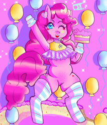 Size: 3500x4100 | Tagged: safe, artist:cheesebunart, imported from derpibooru, pinkie pie, earth pony, semi-anthro, abstract background, ale, balloon, cake, clothes, featureless crotch, female, food, one eye closed, socks, solo, striped socks, wink