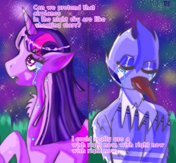 Size: 2048x1902 | Tagged: safe, artist:cheesebunart, imported from derpibooru, twilight sparkle, alicorn, anthro, pony, aeroplanes and meteor showers, airplanes (song), anthro with ponies, crossover, crossover shipping, crying, female, male, mare, mordecai, mordetwi, night, regular show, shipping, stars, straight, twilight sparkle (alicorn)