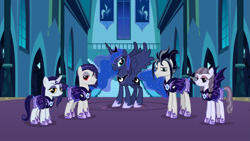 Size: 5347x3008 | Tagged: safe, artist:andoanimalia, artist:drakizora, imported from derpibooru, funnel web, inky rose, moonlight raven, princess luna, snow hope, alicorn, earth pony, pegasus, pony, unicorn, armor, bat wings, castle of the royal pony sisters, female, goth, goth pony, male, mare, new lunar republic, night guard, night guard armor, stallion, the lunar republic, the new lunar republic, wings