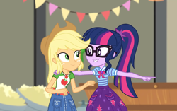 Size: 1920x1203 | Tagged: safe, imported from derpibooru, screencap, applejack, sci-twi, twilight sparkle, equestria girls, equestria girls series, holidays unwrapped, spoiler:eqg series (season 2), duo, female, the cider louse fools