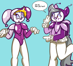 Size: 1417x1280 | Tagged: safe, artist:tranzmuteproductions, imported from derpibooru, oc, oc only, oc:tranzmute, anthro, bat pony, human, unguligrade anthro, bat pony oc, clothes, clown makeup, clown nose, cursed, duo, gloves, human oc, jester, latex, latex suit, male, red nose, talking