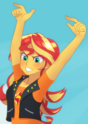 Size: 2894x4093 | Tagged: safe, artist:haibaratomoe, imported from derpibooru, sunset shimmer, equestria girls, equestria girls series, rollercoaster of friendship, blue background, blushing, clothes, female, grin, redraw, shirt, simple background, smiling, solo, t-shirt, vest