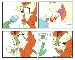 Size: 3527x2849 | Tagged: safe, artist:icey, imported from derpibooru, autumn blaze, oc, oc:anon, human, kirin, awwtumn blaze, crying, curly mane, cute, cute little fangs, disembodied hand, drool, eyelashes, fangs, female, fire, fire breath, floppy ears, food, hand, high res, ice cream, kirin problems, melting, oops, open, open mouth, open smile, popsicle, sad, sadorable, smiling, sparkles