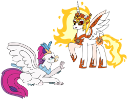 Size: 3065x2393 | Tagged: safe, artist:supahdonarudo, imported from derpibooru, daybreaker, queen novo, alicorn, classical hippogriff, hippogriff, series:novoember, my little pony: the movie, armor, crying, emotional, female, high res, lying down, mane of fire, prone, raised hoof, reaching, simple background, surprised, transparent background