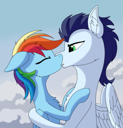 Size: 2002x2075 | Tagged: safe, artist:fess, imported from derpibooru, rainbow dash, soarin', pegasus, pony, chest fluff, cloud, eyes closed, female, floppy ears, high res, hug, kissing, male, mare, romantic, shipping, soarindash, spread wings, stallion, straight, wings