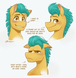 Size: 1080x1098 | Tagged: safe, artist:bcpony, imported from derpibooru, hitch trailblazer, earth pony, pony, spoiler:my little pony: a new generation, bust, dialogue, floppy ears, g5, hitch trailblazer is not amused, male, my little pony: a new generation, portrait, simple background, smiling, solo, stallion, text, white background