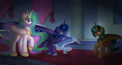Size: 4991x2671 | Tagged: safe, artist:janelearts, imported from derpibooru, princess celestia, princess luna, oc, alicorn, pony, alicorn oc, female, grin, high res, horn, jewelry, looking at each other, male, mare, oc name needed, raised hoof, regalia, royal sisters, siblings, sisters, smiling, smiling at each other, stallion, trio, wings