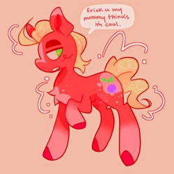 Size: 2048x2048 | Tagged: safe, artist:swirlseypop, imported from derpibooru, sprout cloverleaf, earth pony, pony, blaze (coat marking), chest fluff, coat markings, colored ears, dialogue, facial markings, g5, high res, implied phyllis cloverleaf, male, my little pony: a new generation, no pupils, orange background, simple background, socks (coat markings), solo, speech bubble, stallion