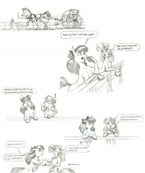 Size: 1300x1546 | Tagged: safe, artist:baron engel, imported from derpibooru, apple bloom, sweetie belle, oc, oc:stone mane (baron engel), earth pony, pony, unicorn, colt, female, filly, harness, male, monochrome, nudity, pencil drawing, plow, sheath, story included, tack, traditional art