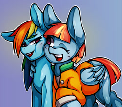 Size: 1191x1042 | Tagged: safe, artist:kyouman1010, imported from derpibooru, rainbow dash, windy whistles, pegasus, pony, blue background, cheek squish, cute, duo, female, hug, mare, mother and child, mother and daughter, one eye closed, simple background, squishy cheeks, sweat, sweatdrop, winghug, wings