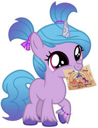 Size: 2792x3640 | Tagged: safe, artist:emeraldblast63, imported from derpibooru, izzy moonbow, pony, unicorn, bracelet, cute, daaaaaaaaaaaw, female, filly, filly izzy moonbow, foal, g4, g5, g5 to g4, high res, izzybetes, jewelry, letter, mouth hold, my little pony: a new generation, pigtails, show accurate, simple background, smiling, solo, transparent background, twintails, unshorn fetlocks, weapons-grade cute, younger