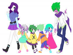 Size: 1280x960 | Tagged: safe, artist:ocean-drop, imported from derpibooru, rarity, spike, oc, oc:creme de la creme, oc:gem stone, oc:precious scales, oc:radiance, dracony, hybrid, equestria girls, family, female, holding hands, interspecies offspring, male, offspring, one eye closed, parent:rarity, parent:spike, parents:sparity, shipping, simple background, smiling, sparity, straight, white background