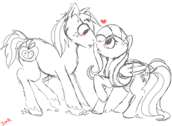 Size: 1776x1304 | Tagged: safe, artist:starcutx, imported from derpibooru, big macintosh, fluttershy, earth pony, pegasus, pony, blushing, boop, female, fluttermac, heart, looking at each other, male, mare, monochrome, noseboop, shipping, simple background, sketch, stallion, straight, unshorn fetlocks, white background