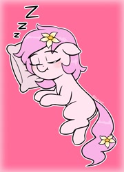 Size: 1557x2160 | Tagged: safe, artist:heretichesh, imported from derpibooru, oc, oc only, oc:kayla, earth pony, pony, cute, female, filly, floppy ears, flower, flower in hair, flower in tail, lying down, ocbetes, onomatopoeia, overhead view, pillow, sleeping, solo, sound effects, tail, zzz