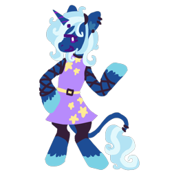 Size: 640x640 | Tagged: safe, artist:alicornfluttershy, imported from derpibooru, trixie, semi-anthro, unicorn, alternate design, clothes, ear piercing, leonine tail, piercing, redesign, simple background, solo, tail, transparent background, unshorn fetlocks