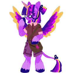 Size: 640x640 | Tagged: safe, artist:alicornfluttershy, imported from derpibooru, twilight sparkle, alicorn, semi-anthro, alternate design, cargo shorts, clothes, colored wings, female, glasses, leonine tail, multicolored wings, redesign, shirt, shorts, simple background, solo, tail, transparent background, twilight sparkle (alicorn), unshorn fetlocks, wings