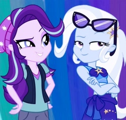 Size: 640x611 | Tagged: safe, artist:louie-green, imported from derpibooru, starlight glimmer, trixie, equestria girls, equestria girls series, forgotten friendship, mirror magic, spoiler:eqg specials, clothes, collage, crossed arms, duo, duo female, female, lesbian, sarong, shipping, startrix, sunglasses, swimsuit