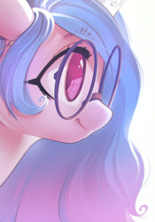 Size: 1238x1771 | Tagged: safe, artist:mirroredsea, imported from derpibooru, izzy moonbow, pony, unicorn, female, g5, glasses, meganekko, simple background, smiling, solo, white background