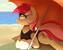 Size: 2400x1920 | Tagged: safe, artist:thebatfang, roseluck, earth pony, pony, beach, blanket, clothes, female, mare, sand, seaside, smiling, solo, swimsuit, umbrella