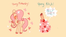 Size: 1080x608 | Tagged: safe, artist:raf rub, imported from derpibooru, fluttershy, hitch trailblazer, butterfly, earth pony, pegasus, pony, adorable distress, blushing, colt, colt hitch trailblazer, critter magnet, cute, duo, female, filly, filly fluttershy, g5, hair over one eye, hitchbetes, male, my little pony: a new generation, raised hoof, shyabetes, unshorn fetlocks, younger