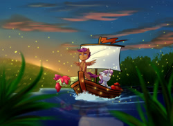 Size: 1280x934 | Tagged: safe, artist:gloomydinosaur, imported from derpibooru, apple bloom, scootaloo, sweetie belle, earth pony, firefly (insect), insect, pegasus, pony, unicorn, adventure, boat, cutie mark crusaders, female, filly, grass, grass field, sailing, spread wings, trio, trio female, wings