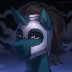 Size: 2000x2000 | Tagged: safe, artist:fenwaru, imported from derpibooru, oc, oc only, oc:slashing prices, pony, unicorn, bust, commission, eyebrows, frown, helmet, high res, horn, looking at you, male, night, portrait, royal guard, smoke, solo, stallion, stars, unicorn oc, watermark