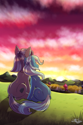 Size: 2000x3000 | Tagged: safe, artist:littletigressda, imported from derpibooru, maud pie, trixie, earth pony, pony, unicorn, cliff, duo, duo female, facing away, female, high res, lesbian, mare, mauxie, ponyville, rear view, shipping, sitting, sunset