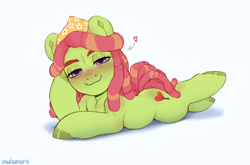 Size: 2330x1534 | Tagged: safe, artist:muhomora, imported from derpibooru, tree hugger, earth pony, pony, bedroom eyes, blushing, chibi, female, floating heart, heart, looking at you, lying down, mare, prone, simple background, solo, transparent background