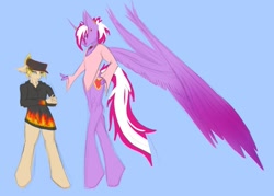 Size: 852x610 | Tagged: safe, artist:skygunner, imported from derpibooru, oc, oc:magic meat, oc:trade jack, alicorn, anthro, pony, unguligrade anthro, unicorn, blue background, boyfriend, colored sketch, colored wings, feathered wings, gay, gradient wings, hat, large wings, male, simple background, sweat, tall, wings