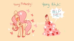 Size: 1280x720 | Tagged: safe, artist:sockiepuppetry, imported from derpibooru, fluttershy, hitch trailblazer, butterfly, earth pony, pegasus, pony, adorable distress, blushing, colt, colt hitch trailblazer, critter magnet, cute, duo, female, filly, filly fluttershy, g5, hair over one eye, hitchbetes, male, my little pony: a new generation, raised hoof, shyabetes, simple background, those critters sure do love that pony, unshorn fetlocks, younger