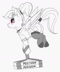 Size: 1666x1982 | Tagged: safe, artist:pabbley, imported from derpibooru, rainbow dash, pegasus, pony, alternate hairstyle, clothes, delivery pony, female, flying, grayscale, hoof strap, mare, monochrome, partial color, peetzer, pizza box, ponytail, solo, stockings, sweat, thigh highs