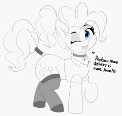 Size: 2428x2308 | Tagged: safe, artist:pabbley, imported from derpibooru, pinkie pie, earth pony, pony, bell, bell collar, clothes, collar, dialogue, eyeshadow, female, grayscale, high res, implied anon, looking at you, makeup, mare, monochrome, one eye closed, open mouth, open smile, partial color, peetzer, ponytail, simple background, smiling, solo, stockings, tail, tail wrap, thigh highs, white background, wink, winking at you