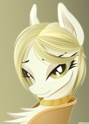 Size: 2181x3020 | Tagged: safe, artist:andaluce, imported from derpibooru, oc, oc only, oc:sunny northfleet, pony, bust, chest fluff, female, gradient background, high res, jewelry, lineless, looking at you, mare, necklace, smiling, smiling at you, solo