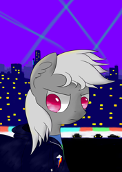 Size: 4960x7016 | Tagged: safe, artist:twinblade edge, imported from derpibooru, oc, oc only, oc:twinblade edge, pony, badge, cape, city lights, clothes, looking at you, night, solo