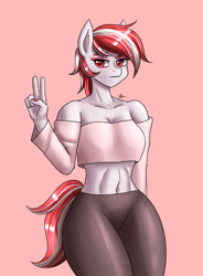 Size: 1400x1900 | Tagged: safe, artist:zachc, imported from derpibooru, sugar moonlight, anthro, earth pony, breasts, clothes, female, g5, looking at you, midriff, my little pony: a new generation, peace sign, pink background, sexy, shoulderless, simple background, solo, stupid sexy sugar moonlight