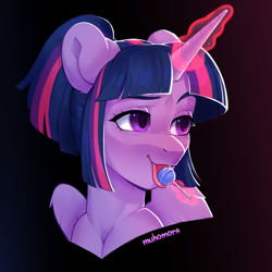 Size: 1500x1500 | Tagged: safe, artist:muhomora, imported from derpibooru, twilight sparkle, alicorn, pony, alternate hairstyle, bust, candy, collaboration, collaboration:too many twilight, female, food, licking, lollipop, magic, mare, pigtails, portrait, solo, telekinesis, tongue out, twilight sparkle (alicorn)