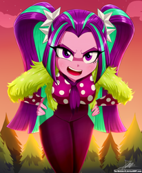 Size: 1784x2163 | Tagged: safe, artist:the-butch-x, imported from derpibooru, aria blaze, equestria girls, equestria girls series, sunset's backstage pass!, spoiler:eqg series (season 2), angry, breasts, female, forest, greenbutt pants, hand on hip, looking at you, music festival outfit, open mouth, pigtails, pine tree, redraw, solo, tree, tsundere, twintails