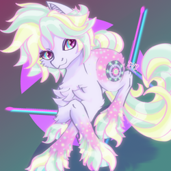 Size: 3000x3000 | Tagged: safe, artist:umbrapone, imported from derpibooru, oc, oc:bass-beat, earth pony, pony, abstract background, bat ears, butt fluff, butt freckles, chest fluff, coat markings, dancing, dappled, elbow fluff, freckles, green mane, high res, long tail, multicolored hair, pink mane, short mane, shoulder fluff, solo, tail, unshorn fetlocks, yellow mane